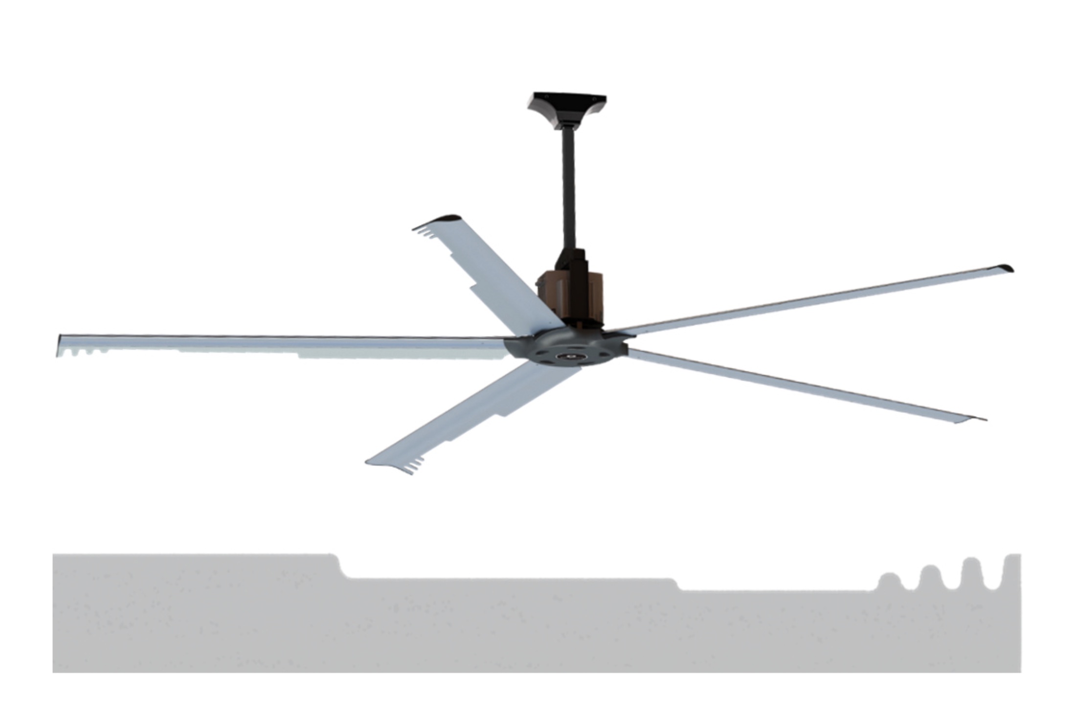 ventilatori industriali da soffitto HVLS  con 3 o 5 pale in alluminio a profilo alare ottimizzato
